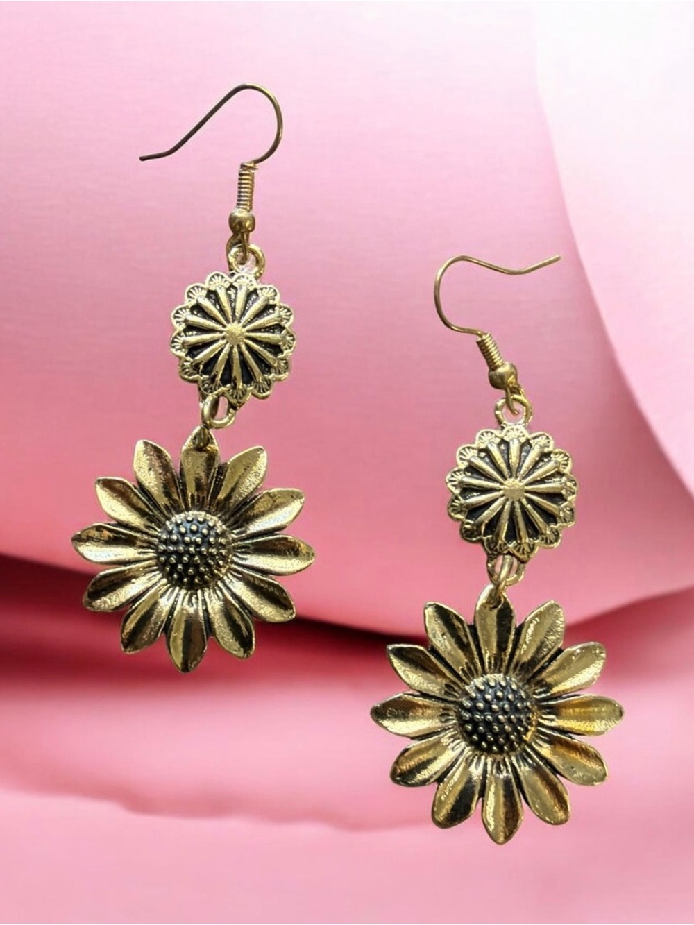 Vintage Bohemian Antique Gold Tone Sunflower Drop Earrings NEW